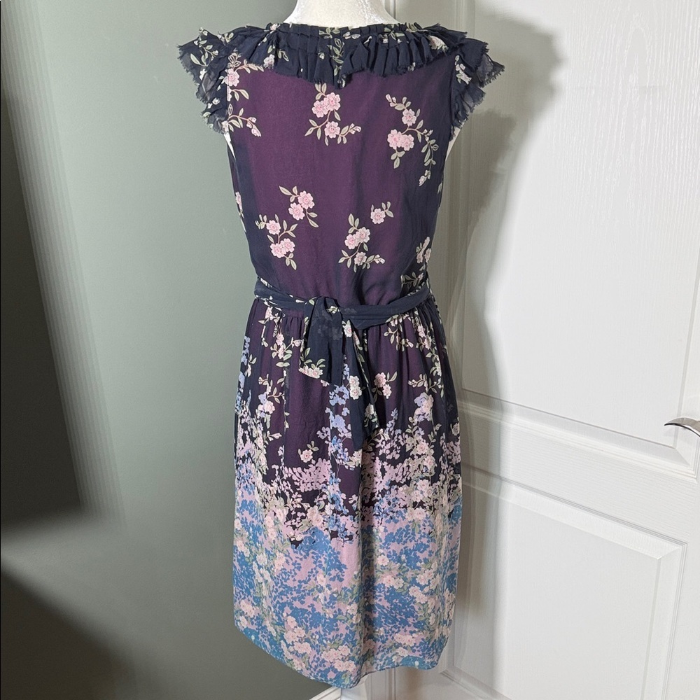 Adrianna Papell Silk Floral Ruffle Dress Size 12 Belted V-Neck Sleeveless - Picture 7 of 12